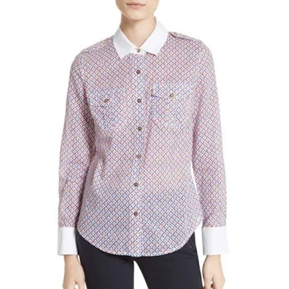Tory Burch Brigitte Contrast Trim Blouse Sz 4 Old Money Quiet Luxury Ivy League